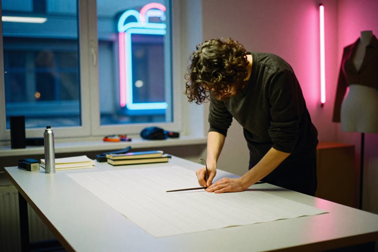 Patternmaker Cutting Muslin Neon Arcade Night in along a neon-lit arcade in Belgrade