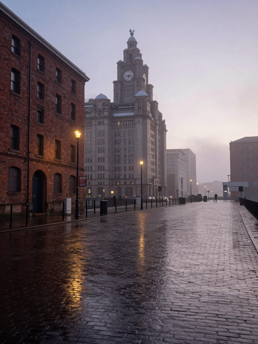 Pavement Reflections in Liverpool at The Still Hours Before Dawn Light in in Liverpool, United Kingdom