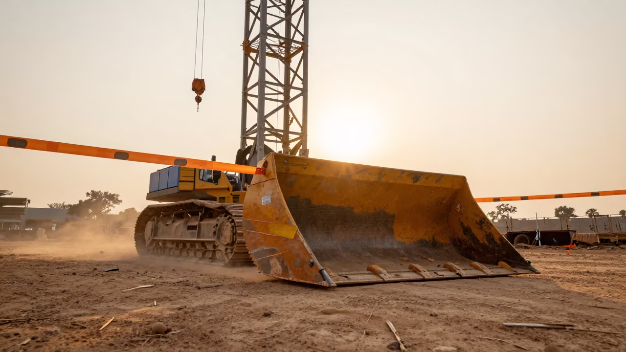 Paver Bucket Under Crane at Dawn in Cambodia in beneath a tower crane on open ground in Cambodia