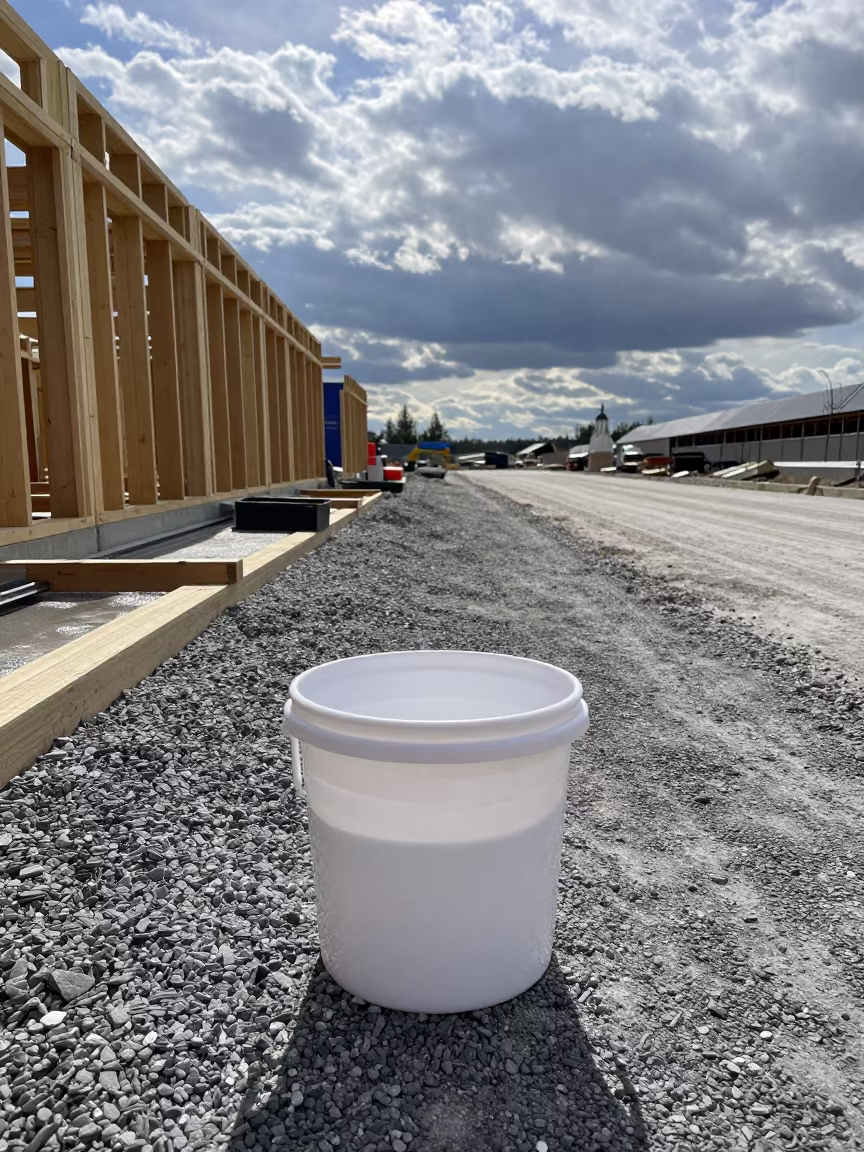 Paver Spacer Bucket at Czech Construction Site in beside a framed building shell in Czech Republic