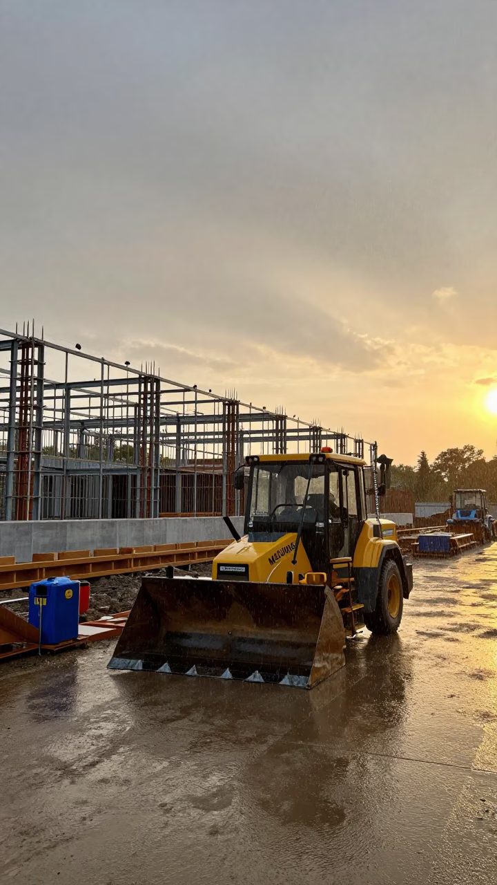 Paver Spacer Bucket at Sunset in Monsoon Rain in beside a framed building shell near Machiques