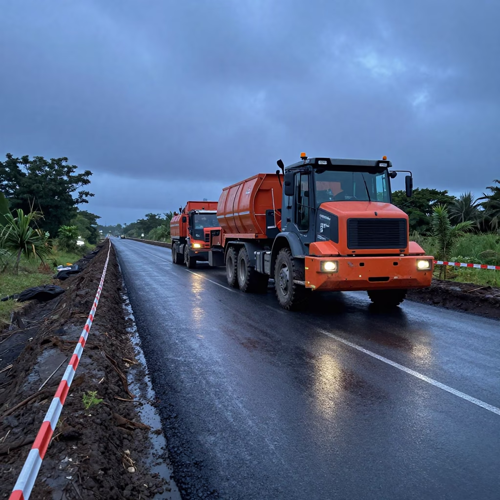 Paving Train in Comoros Wet Season Twilight in inside a taped-off excavation edge in Comoros