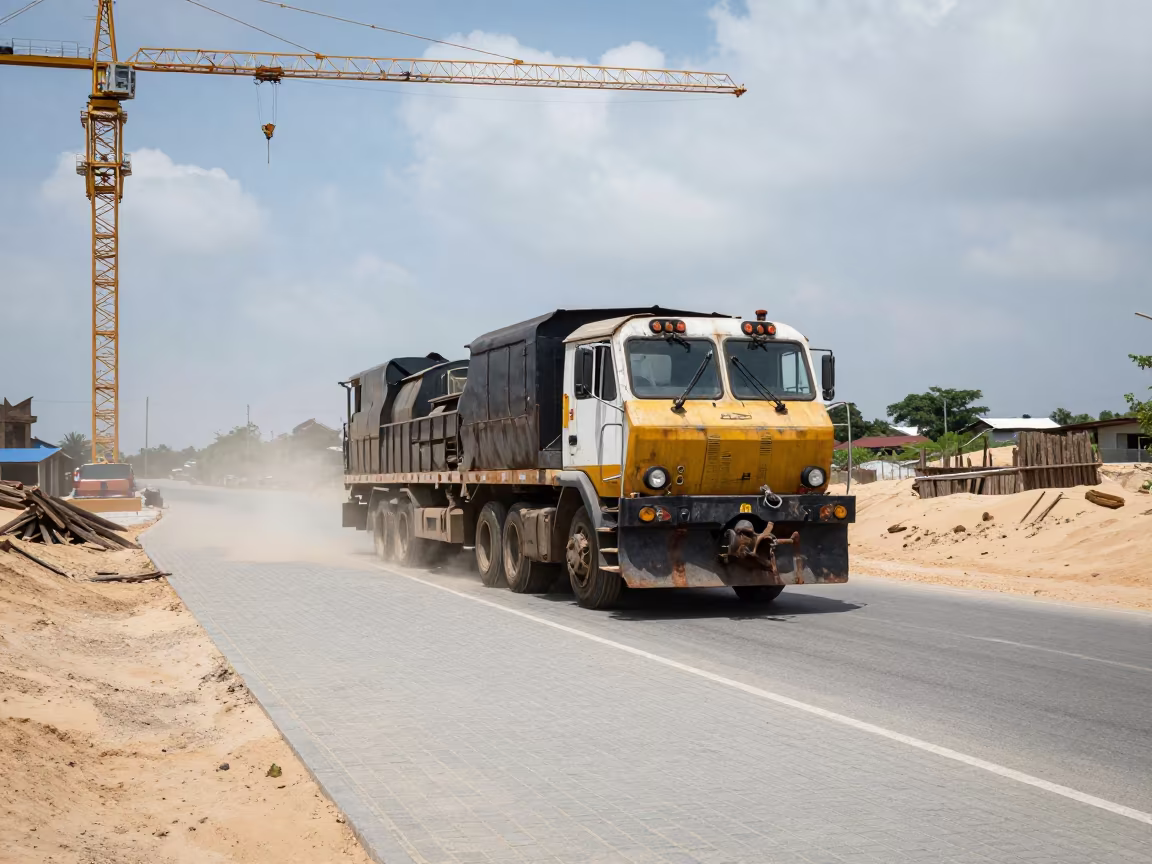 Paving Train Crossing Sand Dunes Under Tower Crane in beneath a tower crane on open ground in Port Harcourt