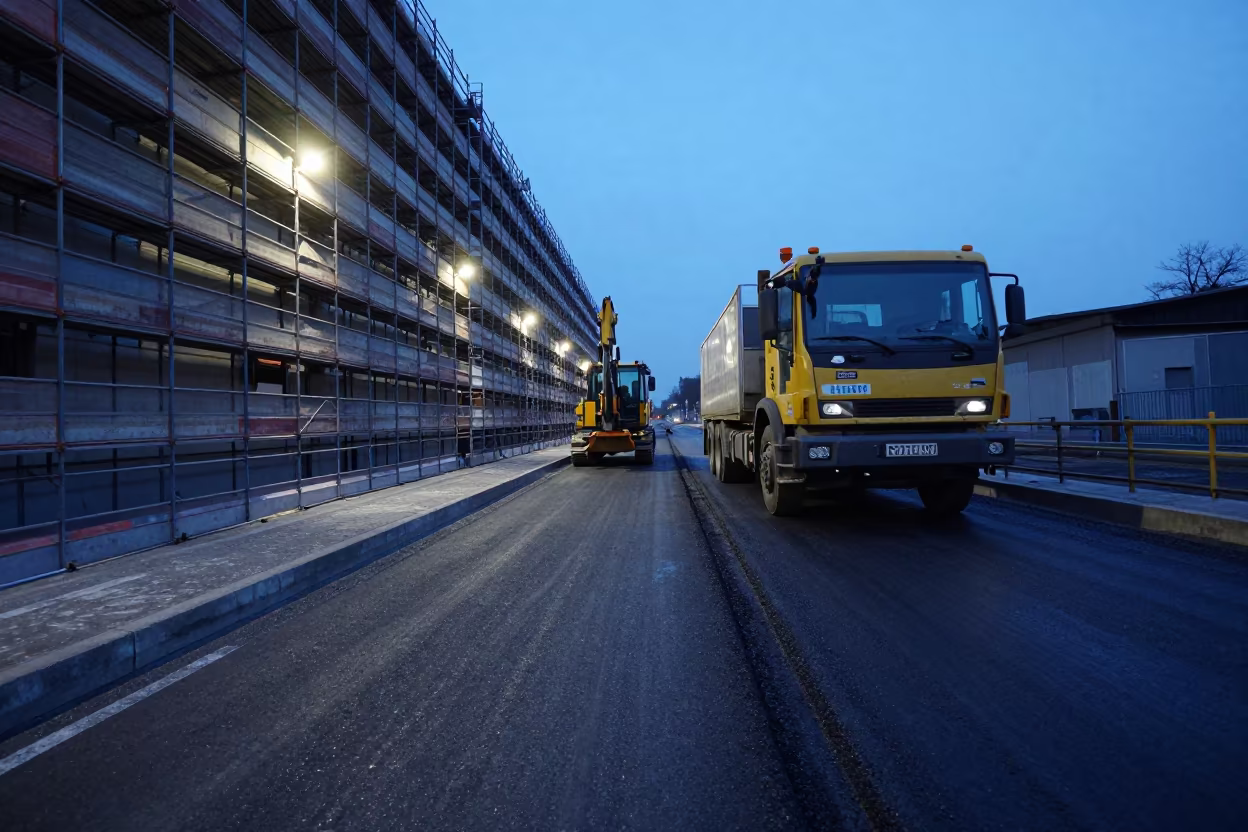 Paving Train at Twilight Near Milan Scaffolding in along a scaffolded facade near Milan