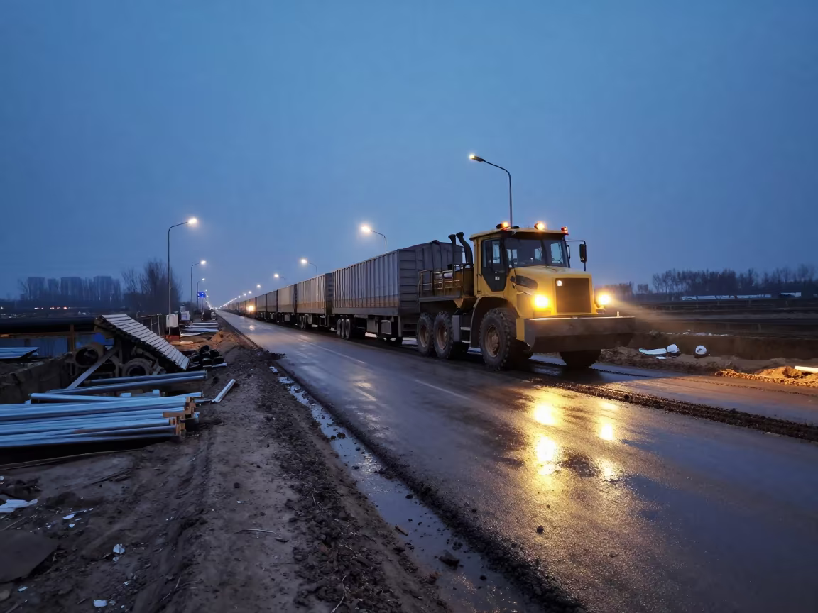 Paving Train at Twilight in Nanchang Construction Site in at a muddy site access road near Nanchang