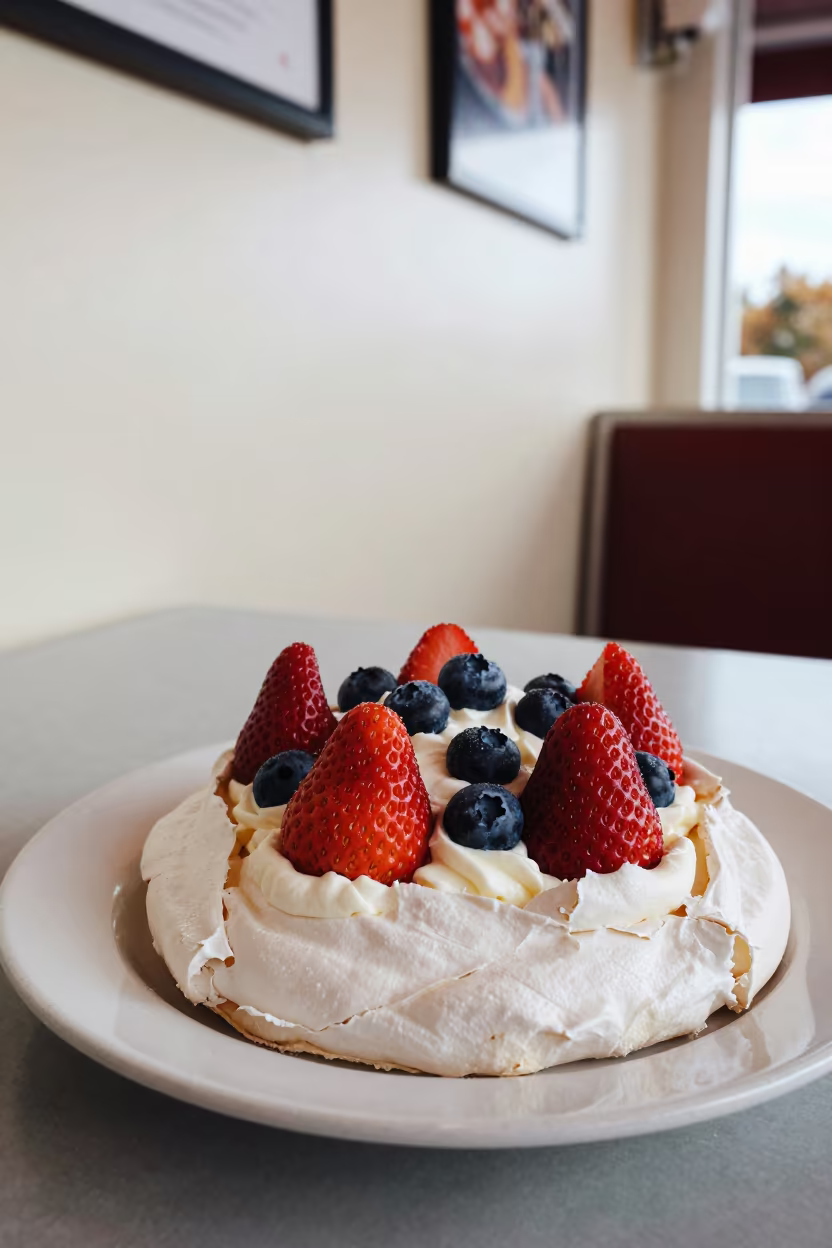 Pavlova with Berries and Cream in Hosier Lane Diner in at a roadside diner table in Hosier Lane, Melbourne