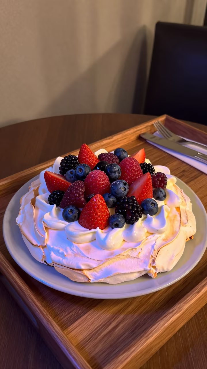 Pavlova with Berries and Cream on Neon Light in on a tea house tray in Brisbane