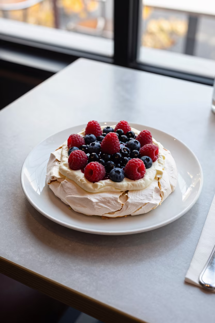Pavlova dessert with fresh berries and cream in at a roadside diner table in Brisbane