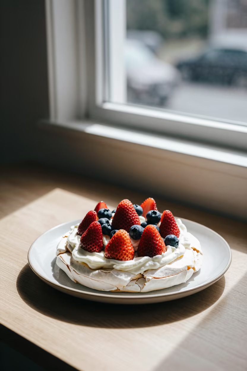 Pavlova with Fresh Berries by Bondi Window in on a ceramic plate by a window in Bondi, Sydney