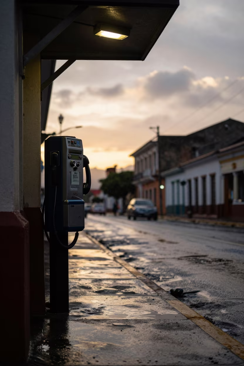 Silhouette of Payphone Under Flickering Light in beneath a flickering underpass light in Totonicapán