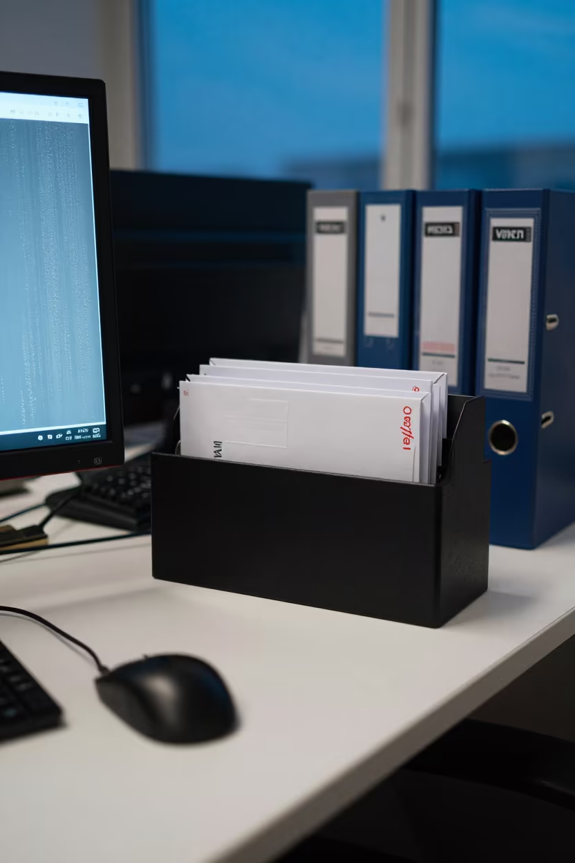 Payroll Envelope Sorter at Boardroom Table in at a boardroom table before a meeting near Van