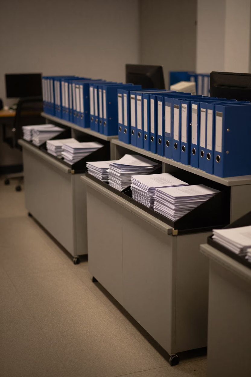 Payroll Envelope Sorter Midnight Bucharest Office in in an operations center under monitor glow in Bucharest