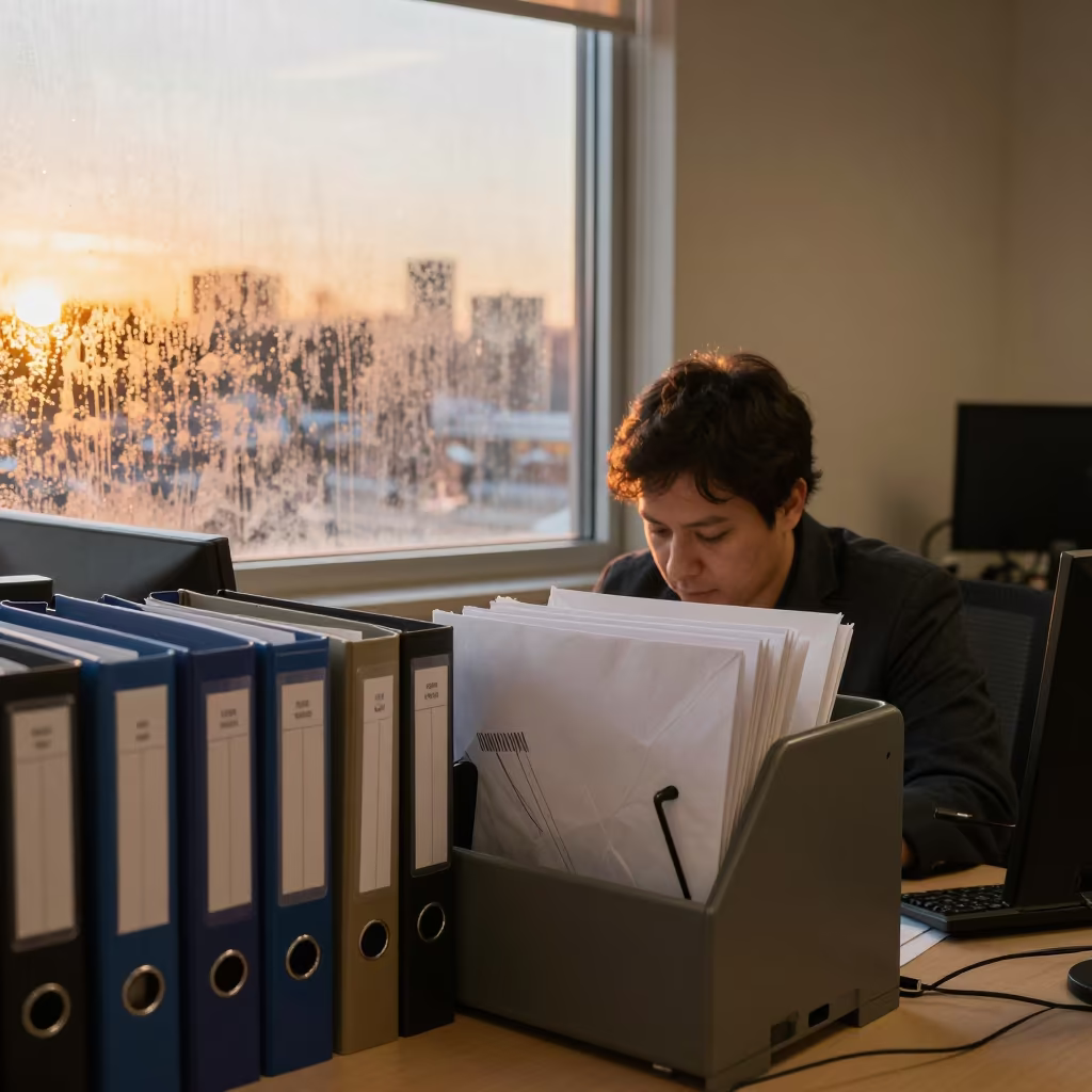Payroll Envelope Sorter in Office Window Light in inside an open-plan office bay near Niagara Falls