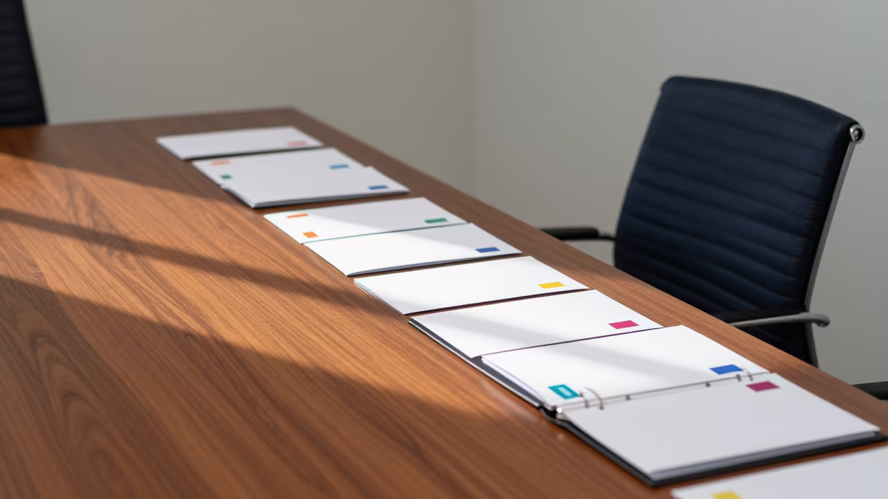Payroll Envelopes Sorted on Tokyo Boardroom Table in at a boardroom table before a meeting near Tokyo