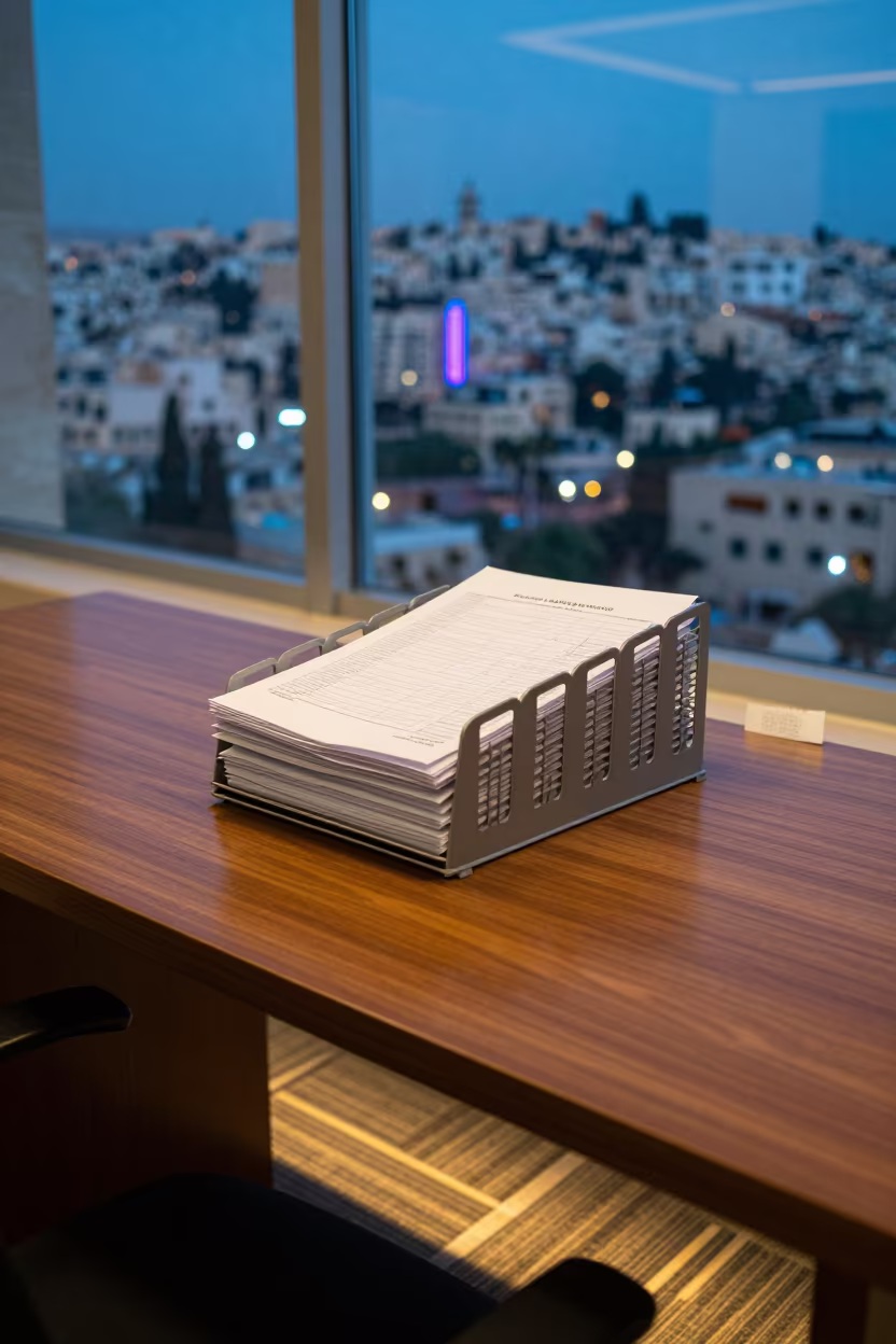 Payroll Form Rack at Amman Boardroom Table in at a boardroom table before a meeting in Amman