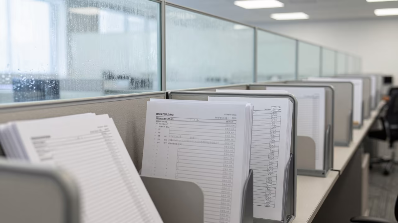 Payroll Form Rack in Montevideo Office Noon Light in inside an open-plan office bay near Parque Rodo, Montevideo