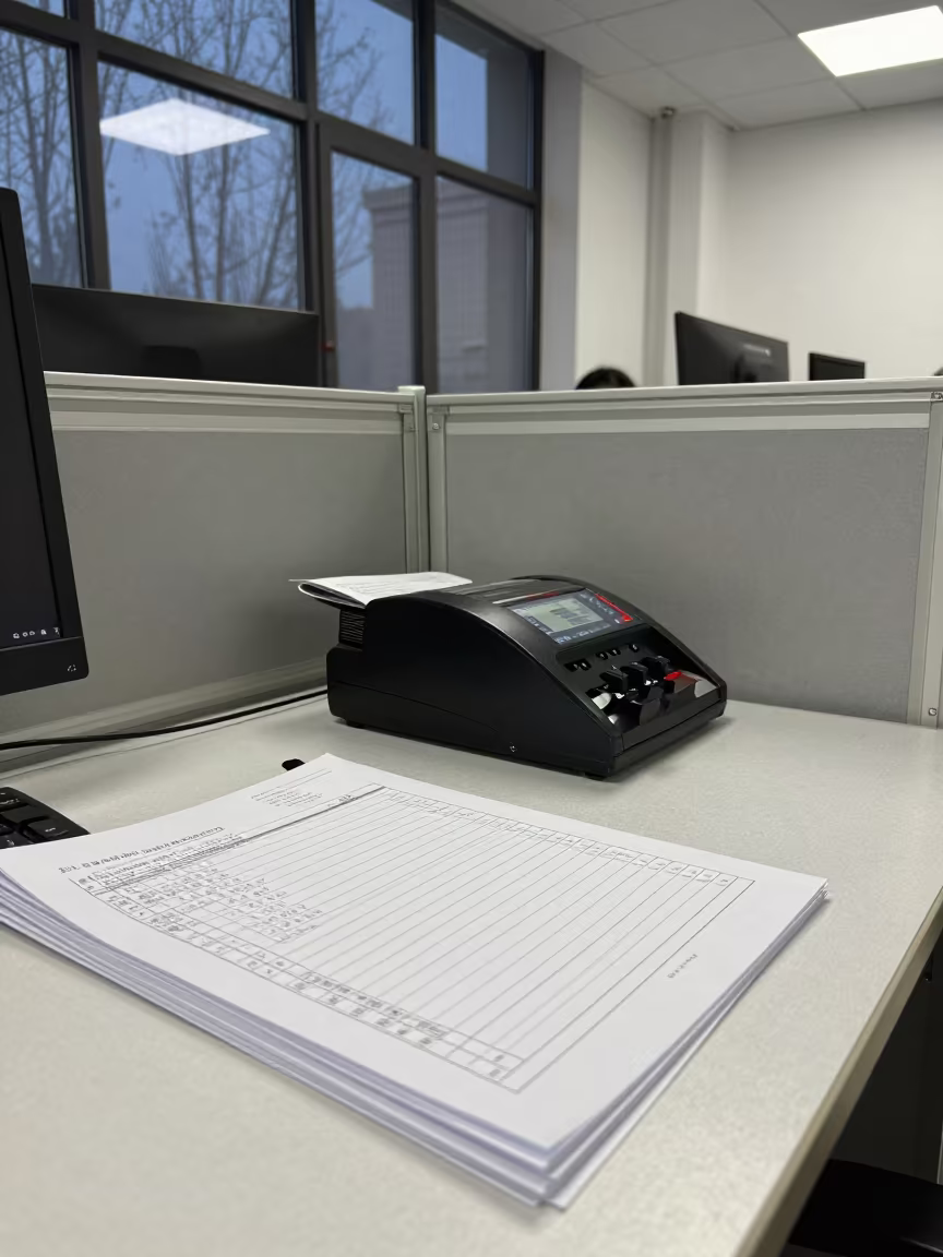 Payroll Station With Spreadsheets At Lanzhou Office Desk in at an office reception desk in Lanzhou