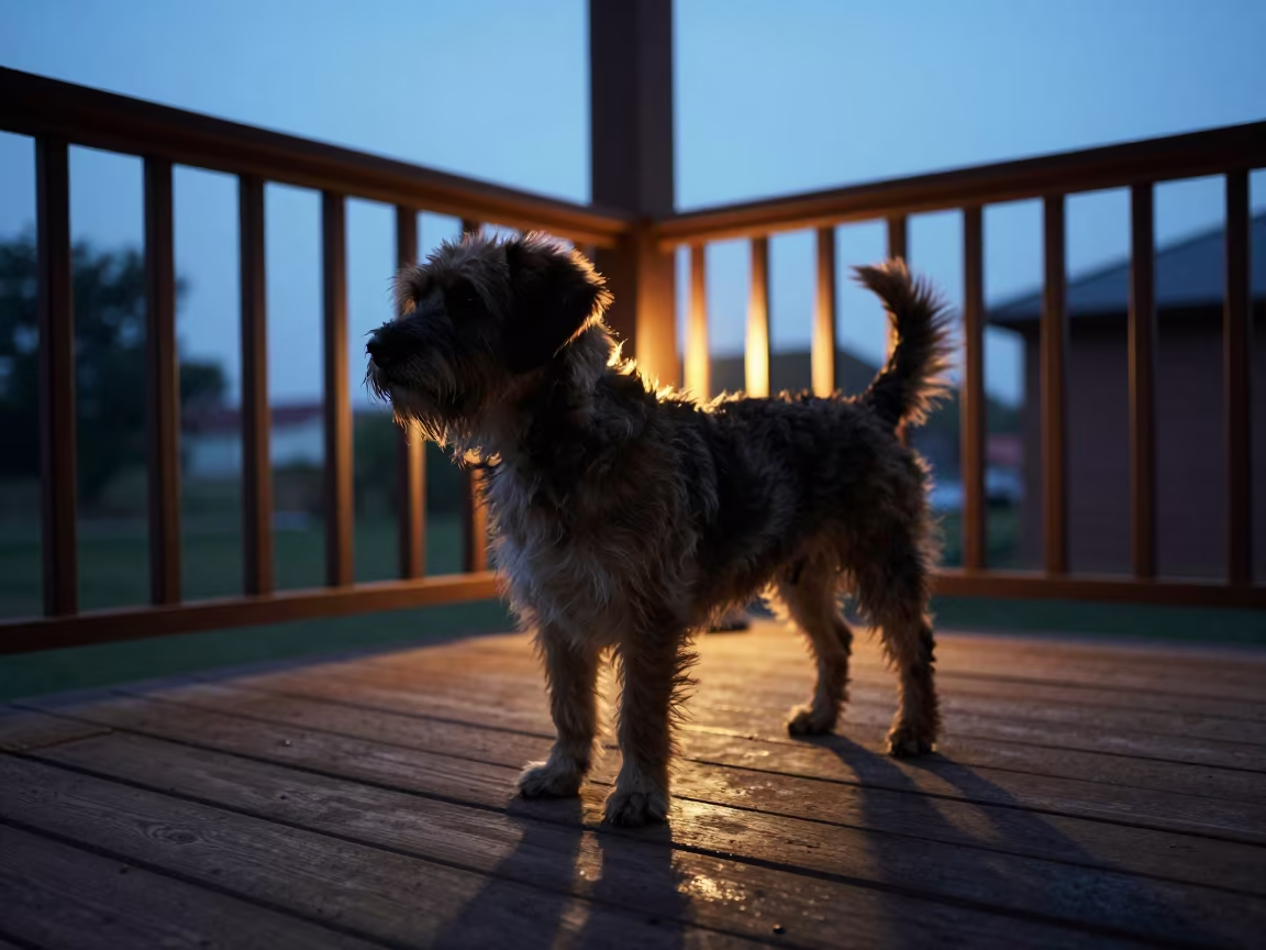 PBGV Dog Silhouette on Shaded Amritsar Porch in on a shaded front porch with boards, railings, and eye-level framing in Amritsar