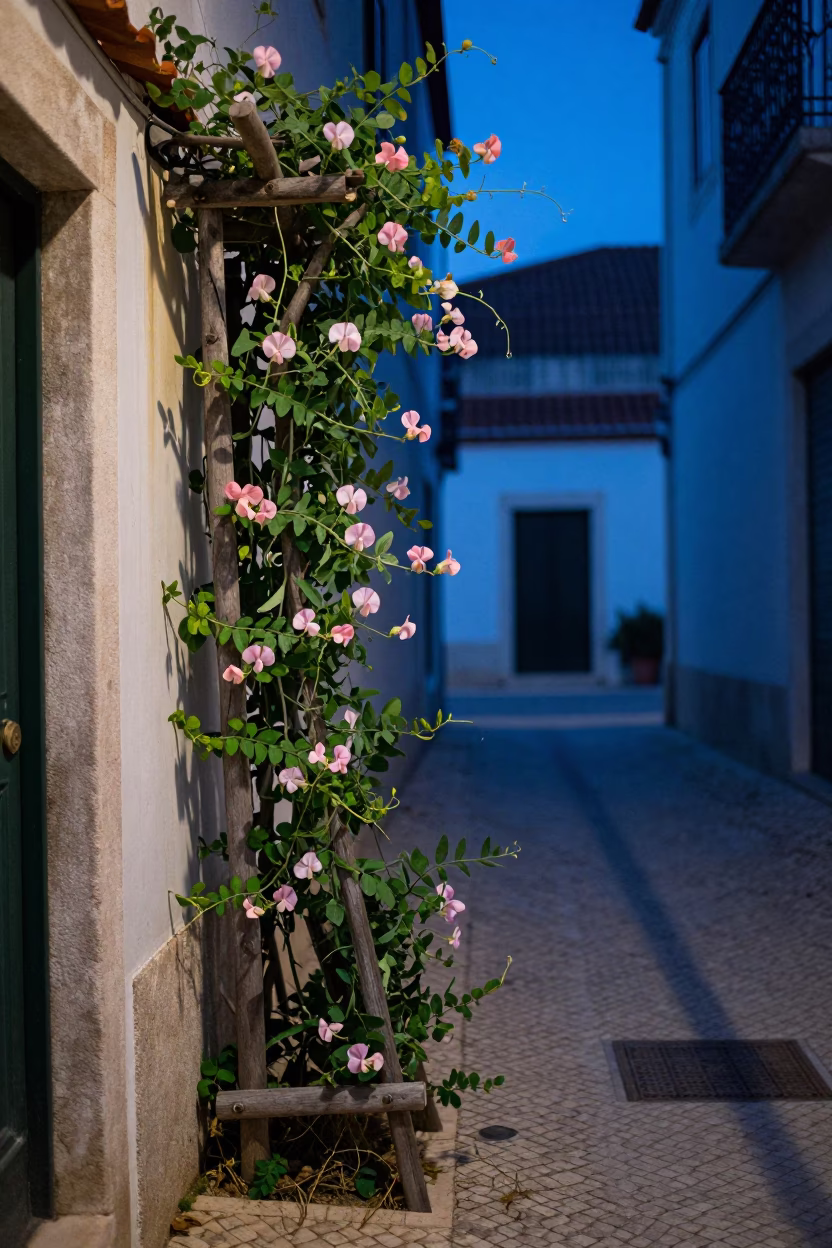 Pea Trellis in Lisbon at The Last Blue Light Of Evening in in Lisbon, Portugal