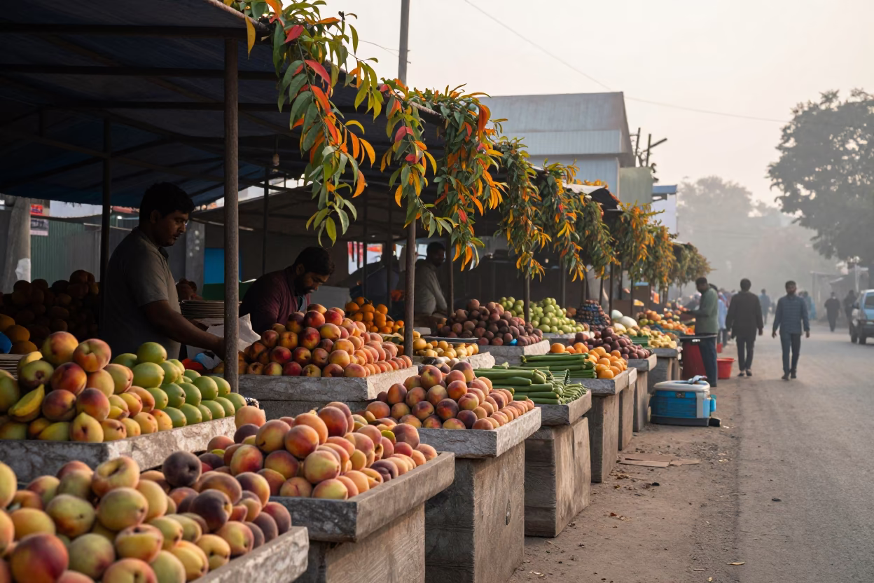 Peach Leaves on Stone Scales at Muzaffarpur Market in under a market canopy in Muzaffarpur
