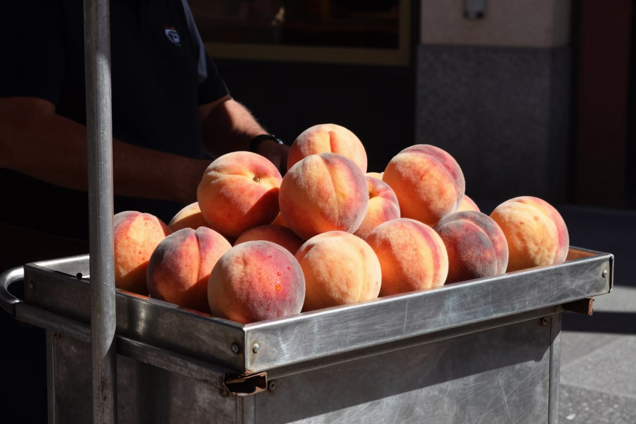 Peaches in Madrid at Midday Light in in Madrid, Spain