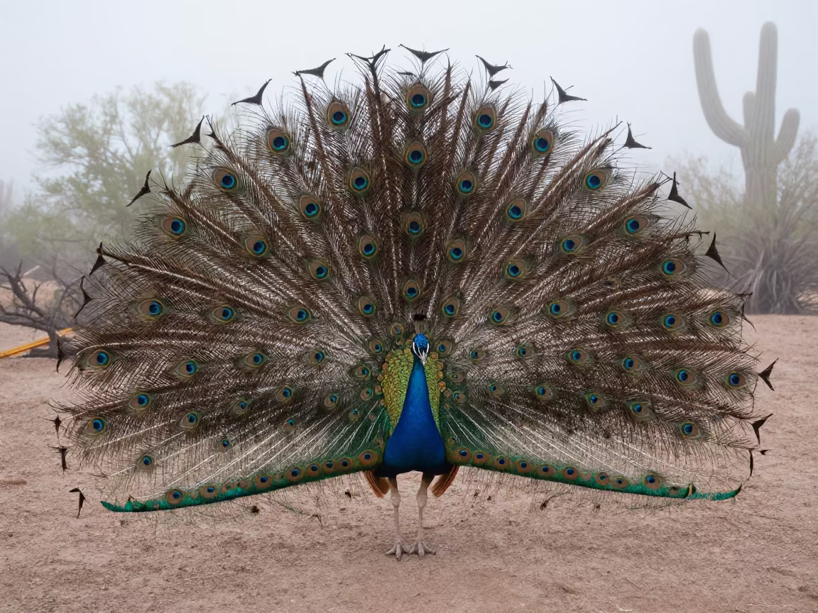 Peacock Displaying Feathers in Arizona Mist in in Arizona