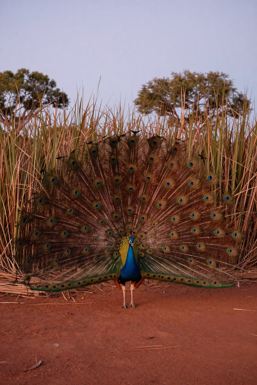 Peacock Displaying Feathers in Northern Territory Monsoon in at the edge of a reed bed in Northern Territory