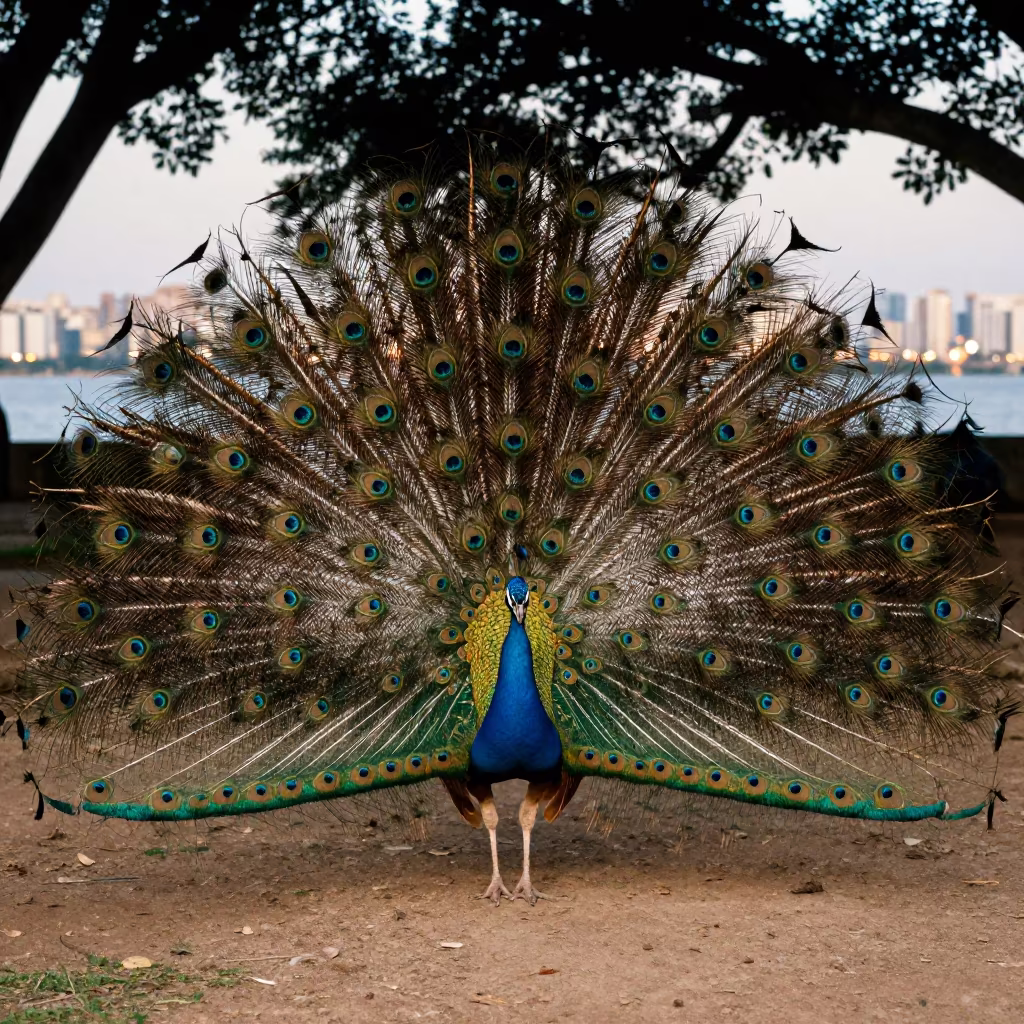 Peacock Displaying Feathers Near São Paulo City Lights in near São Paulo