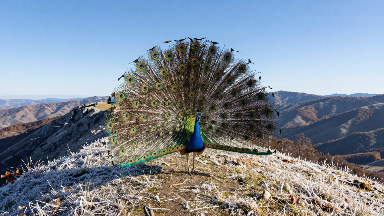 Peacock Displaying Feathers on Wind-Scoured Ridge in on a wind-scoured ridge in Campania