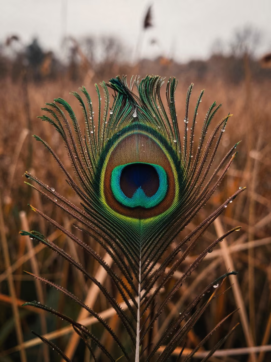 Peacock Feather Eye Detail in Northern Ireland Reed Bed in at the edge of a reed bed in Northern Ireland
