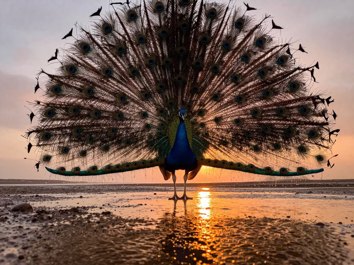 Peacock Frozen in Firelight Drizzle Morocco in beside a tidal inlet in Morocco