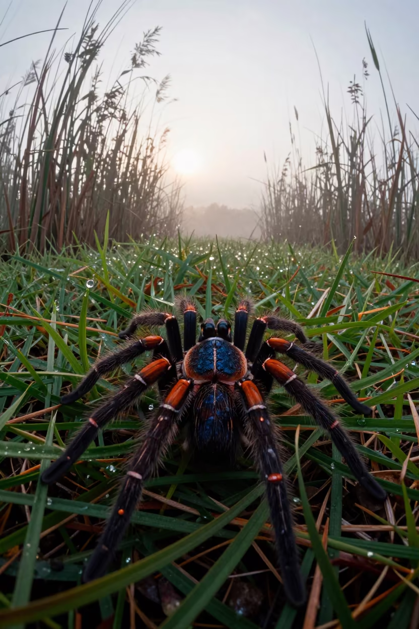 Peacock Spider Display at Dawn Reed Bed in at the edge of a reed bed near Chimbote