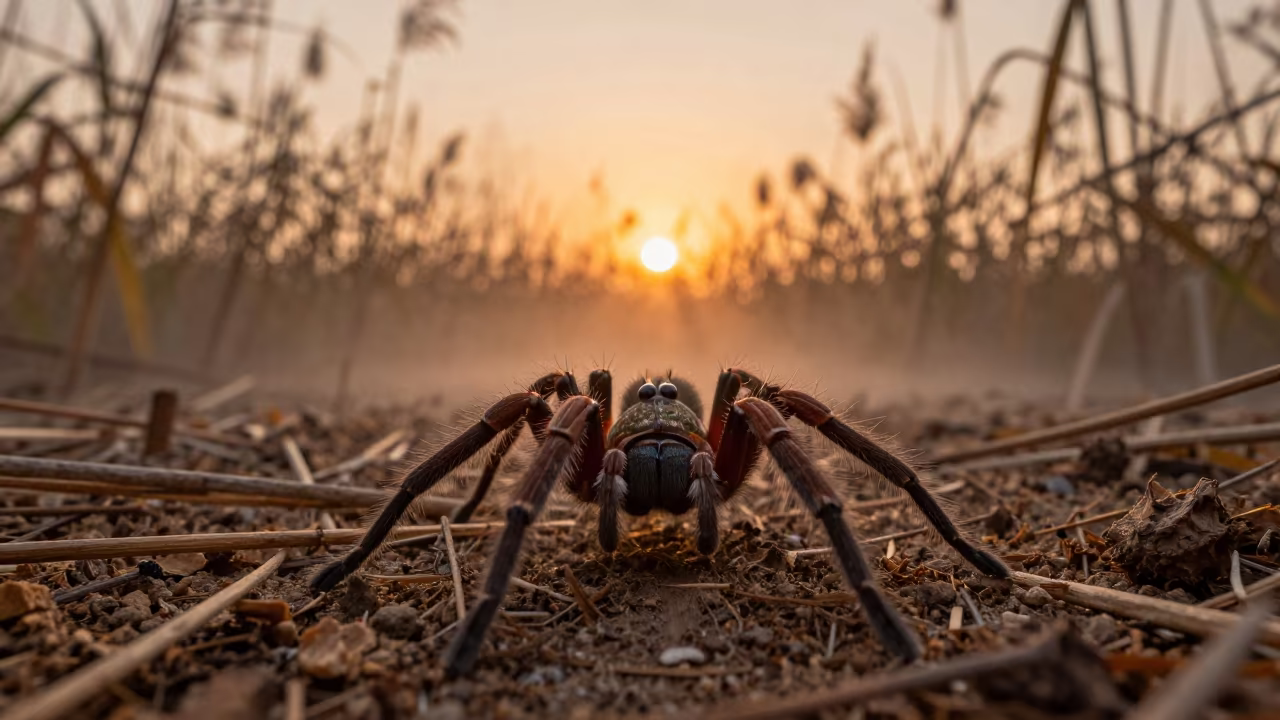Peacock Spider Display in Guangdong Reed Bed in at the edge of a reed bed in Guangdong