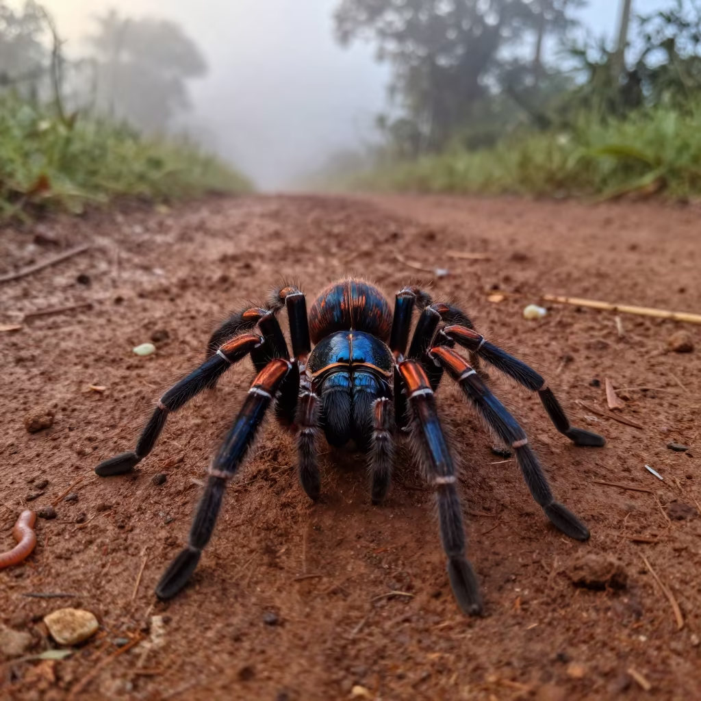 Peacock Spider Display on Uganda Trail in along a game trail in Uganda