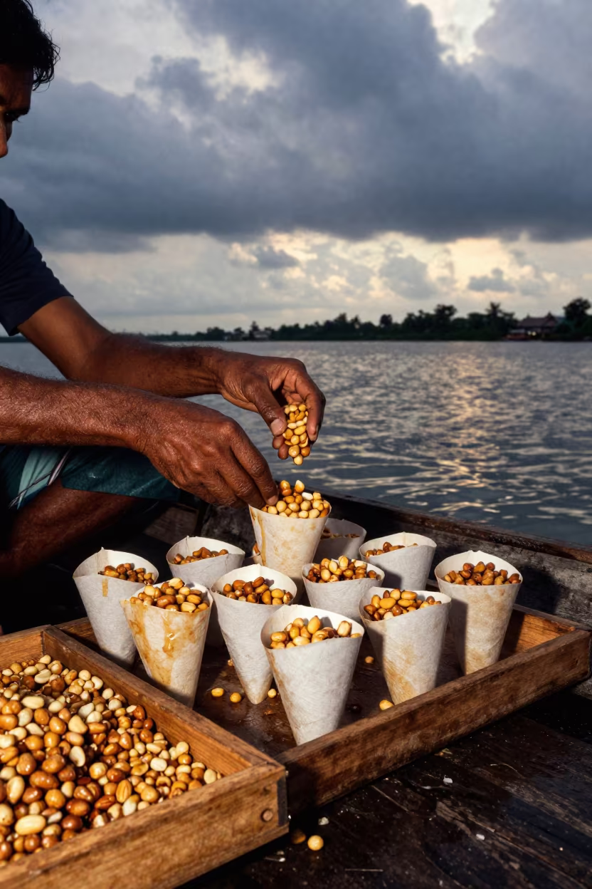 Peanut Vendor Filling Cones on Cuddalore Boat in at a floating market boat in Cuddalore