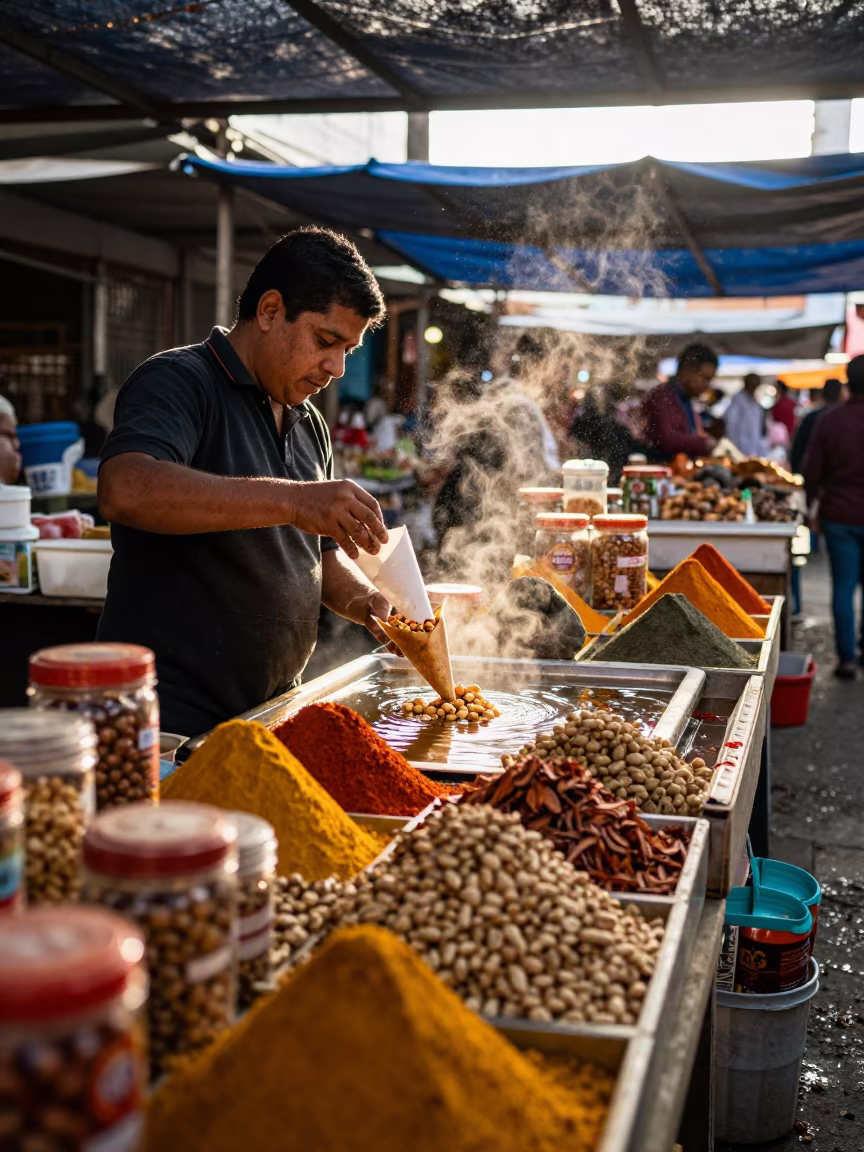 Peanut Vendor Filling Cones at Medellin Market in at a spice vendor's table in Medellin