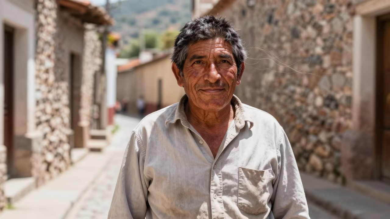 Pear Farmer in Guanajuato Stone Alley in in a narrow stone alley near Guanajuato