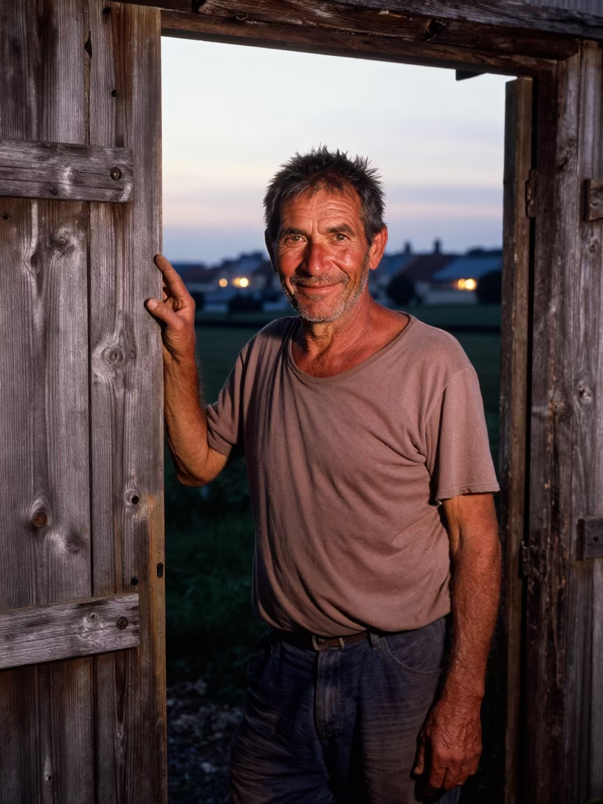 Pear Farmer Portrait Near Reims at Dusk in against a weathered doorway near Reims