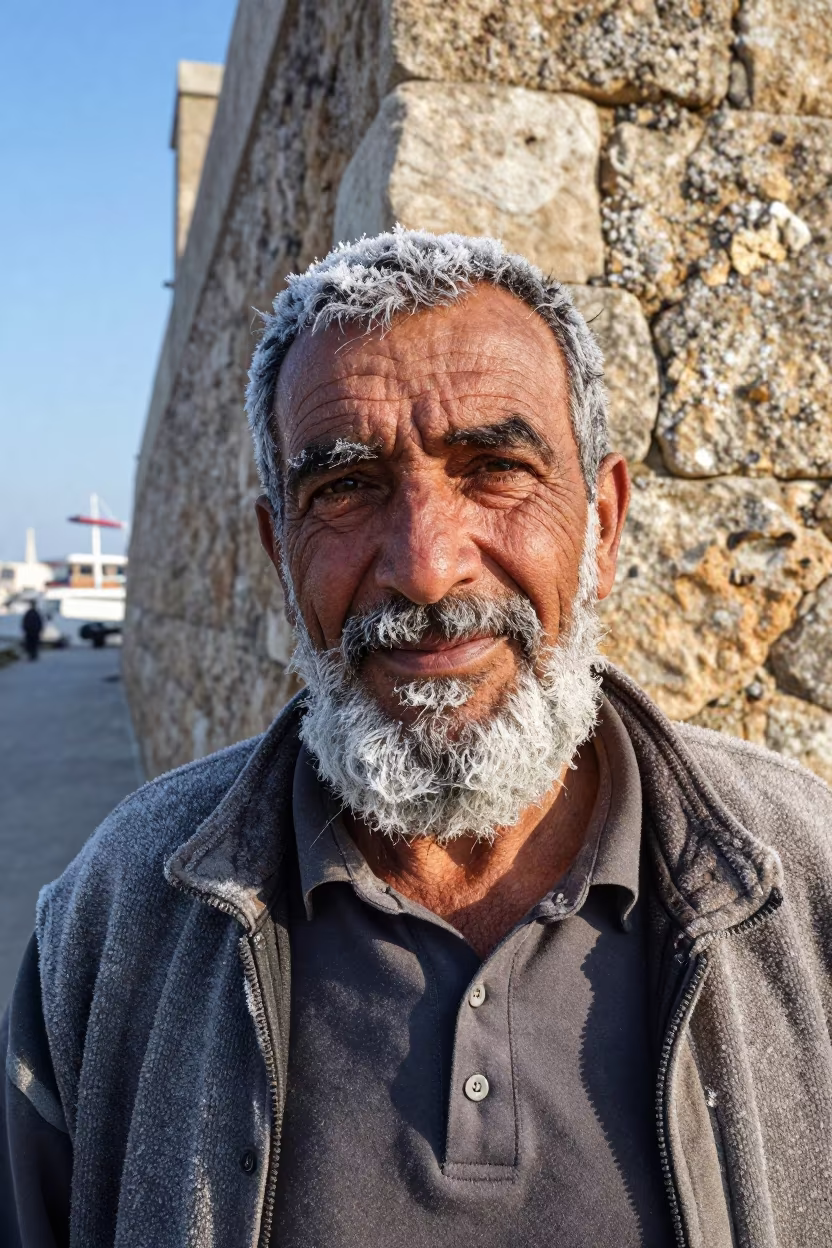 Pear Farmer Portrait by Sidon Harbor Wall in beside a harbor wall near Sidon