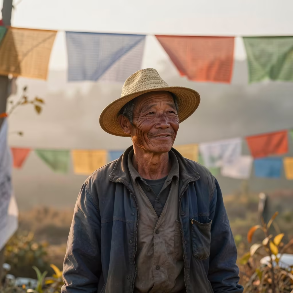 Pear Farmer Portrait Under Prayer Flags in beneath a line of prayer flags near Taichung