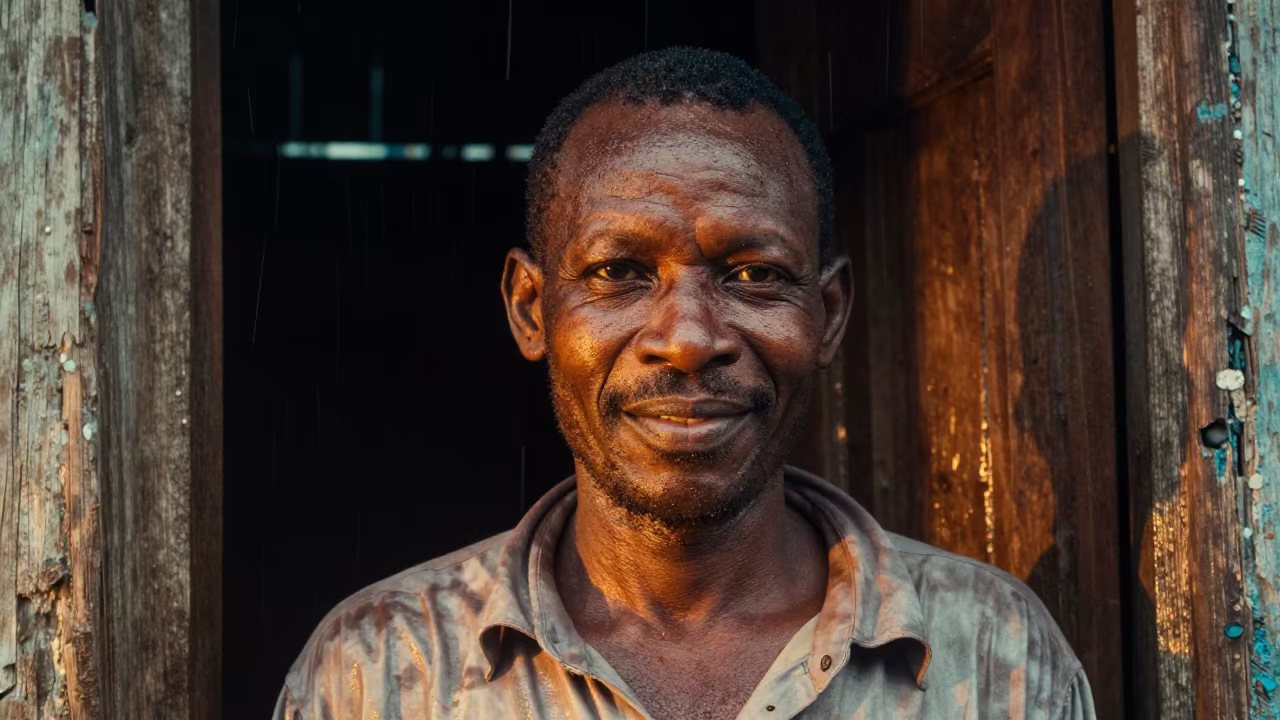 Pear Farmer in Rain Near Yaba Lagos Doorway in against a weathered doorway near Yaba, Lagos