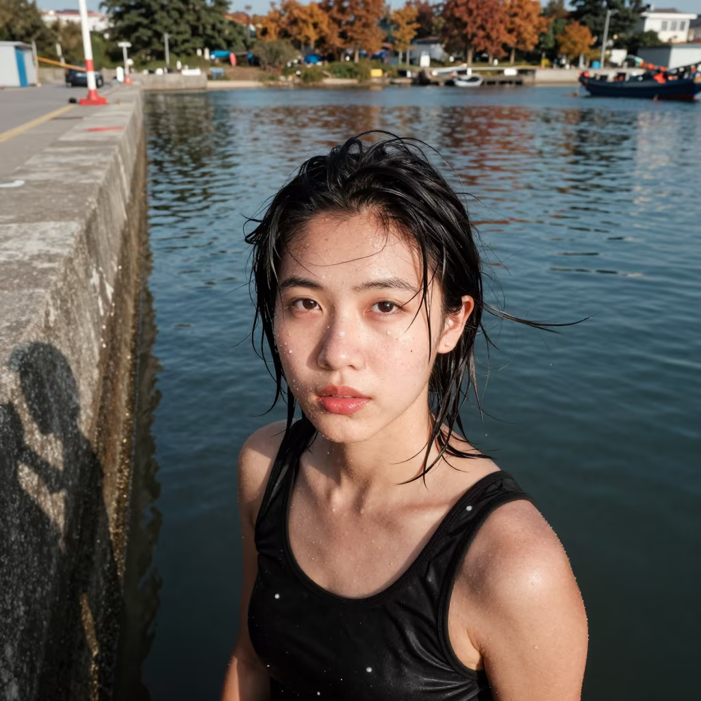 Pearl Diver Portrait Beside Nanjing Harbor Wall in beside a harbor wall near Nanjing