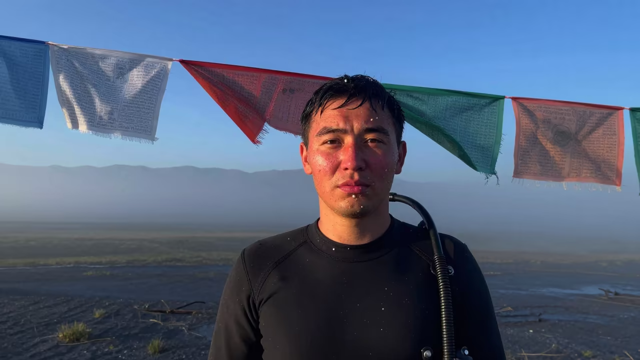 Pearl Diver Portrait Under Prayer Flags Karaganda in beneath a line of prayer flags near Karaganda
