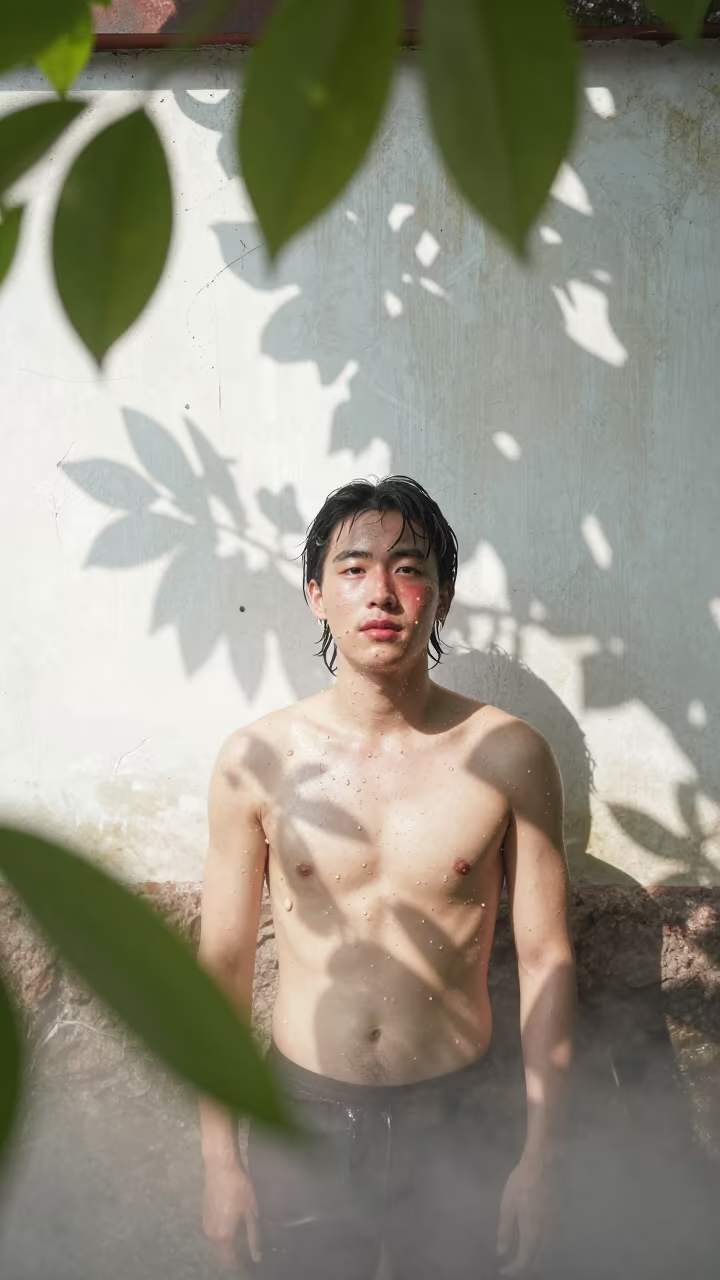 Pearl Diver Portrait in Qingdao Dappled Light in against a sun-bleached plaster wall near Qingdao