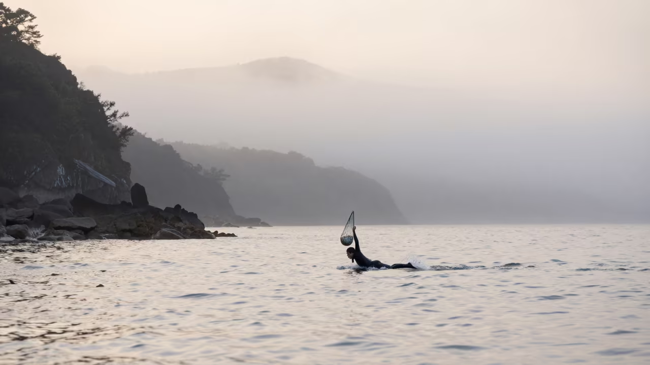 Pearl Diver Surfaces with Mesh Bag on Hillside at Dawn in on a hillside near Mary