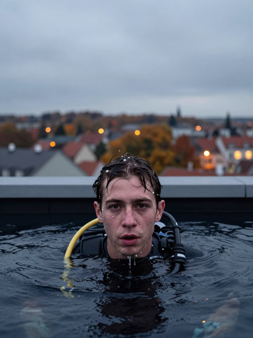 Pearl Diver Surfaces on Potsdam Rooftop in along a windswept rooftop near Potsdam