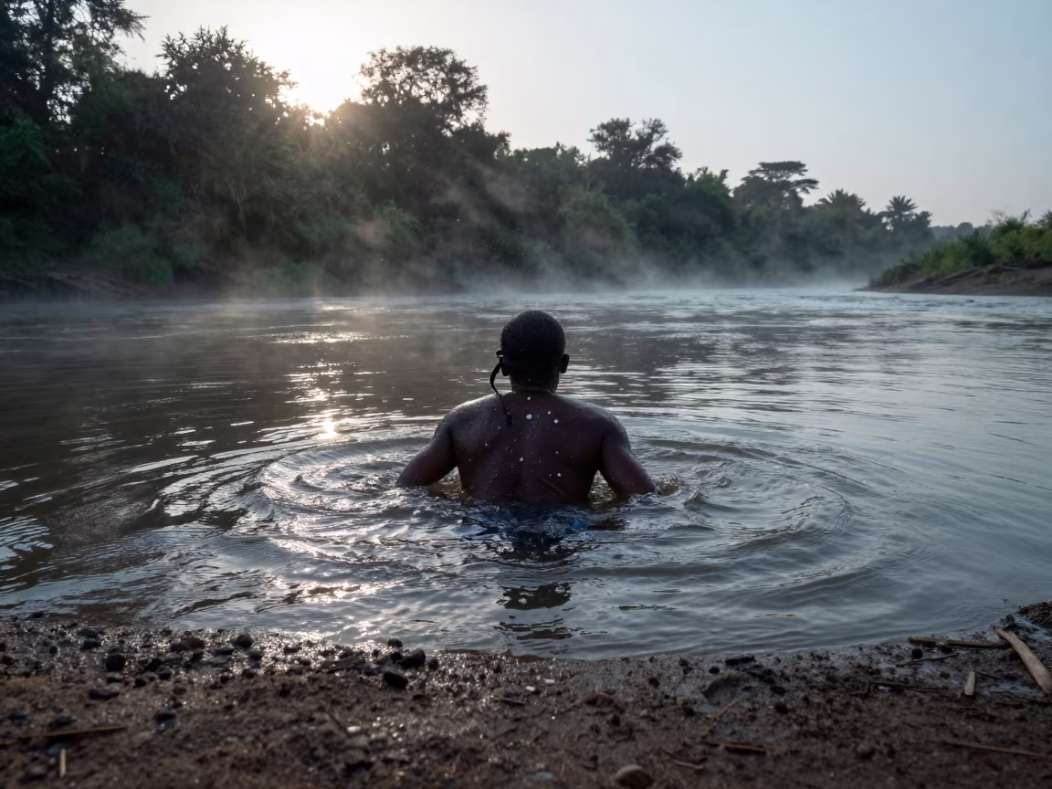 Pearl Diver Surfacing at Dawn in by a riverbank near Gabela