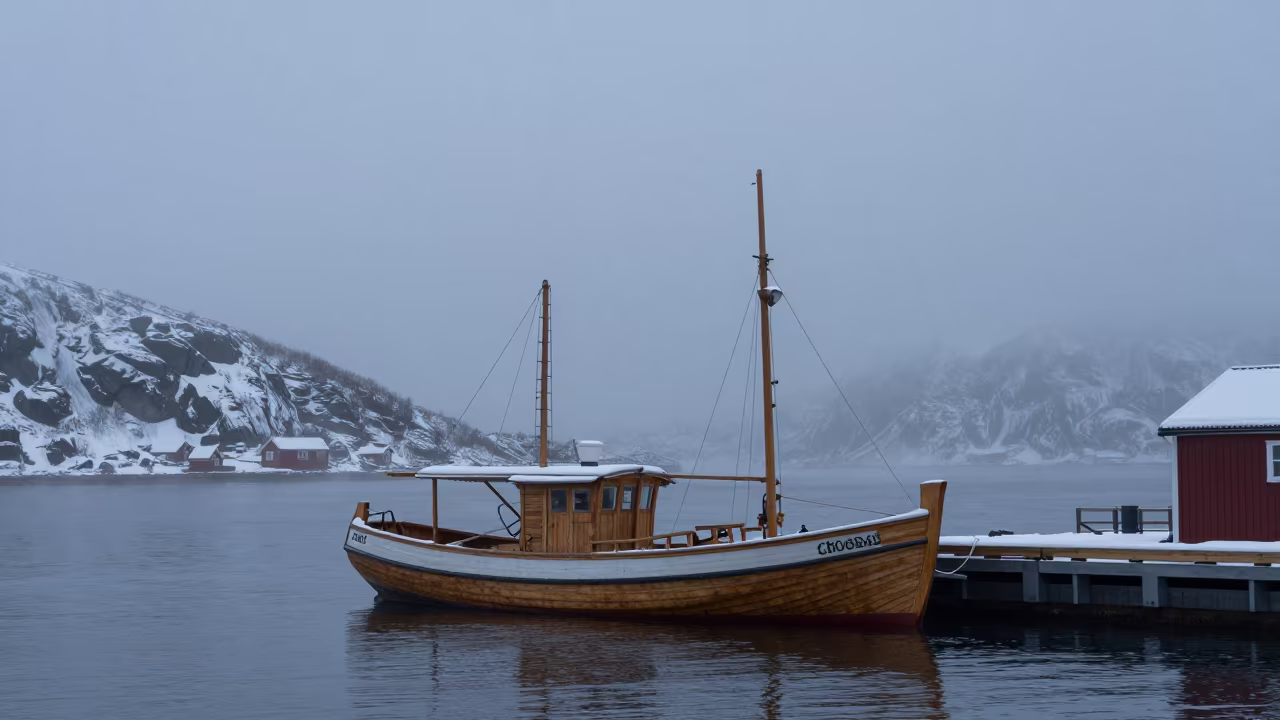 Pearl Diving Boat in Tromso Fog in beside a fogbound harbor mouth near Tromso