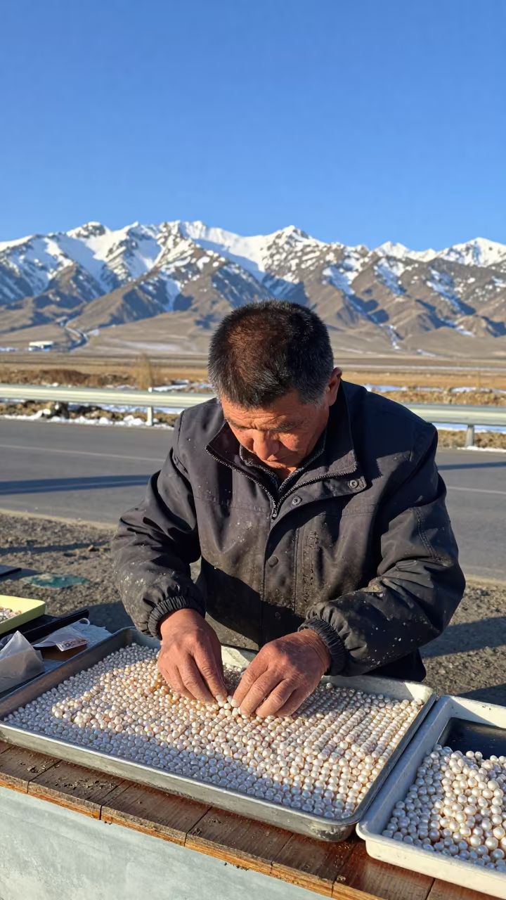 Pearl Farmer Sorting Pearls at Almaty Stop in at a roadside stop near Almaty