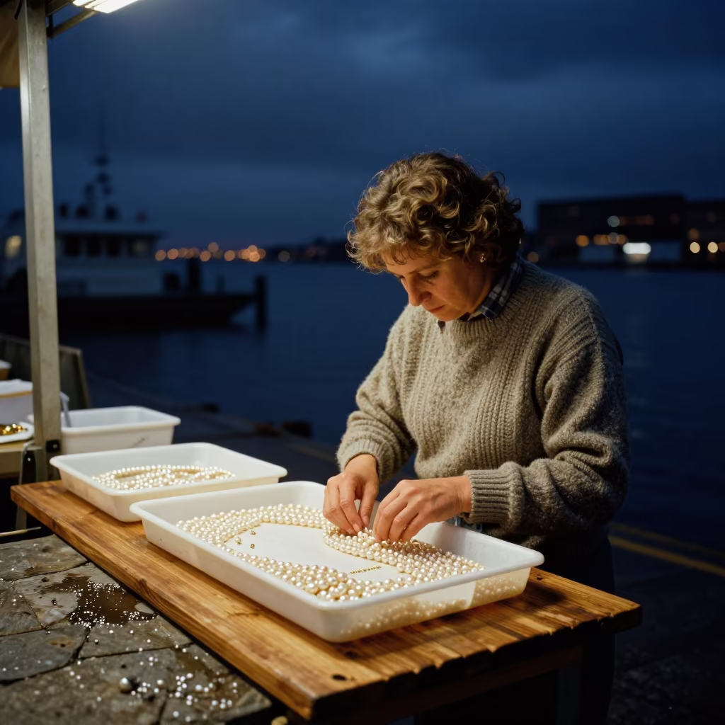 Pearl Farmer Sorting Pearls on Night Quay in at a harbor quay near Chelsea, New York